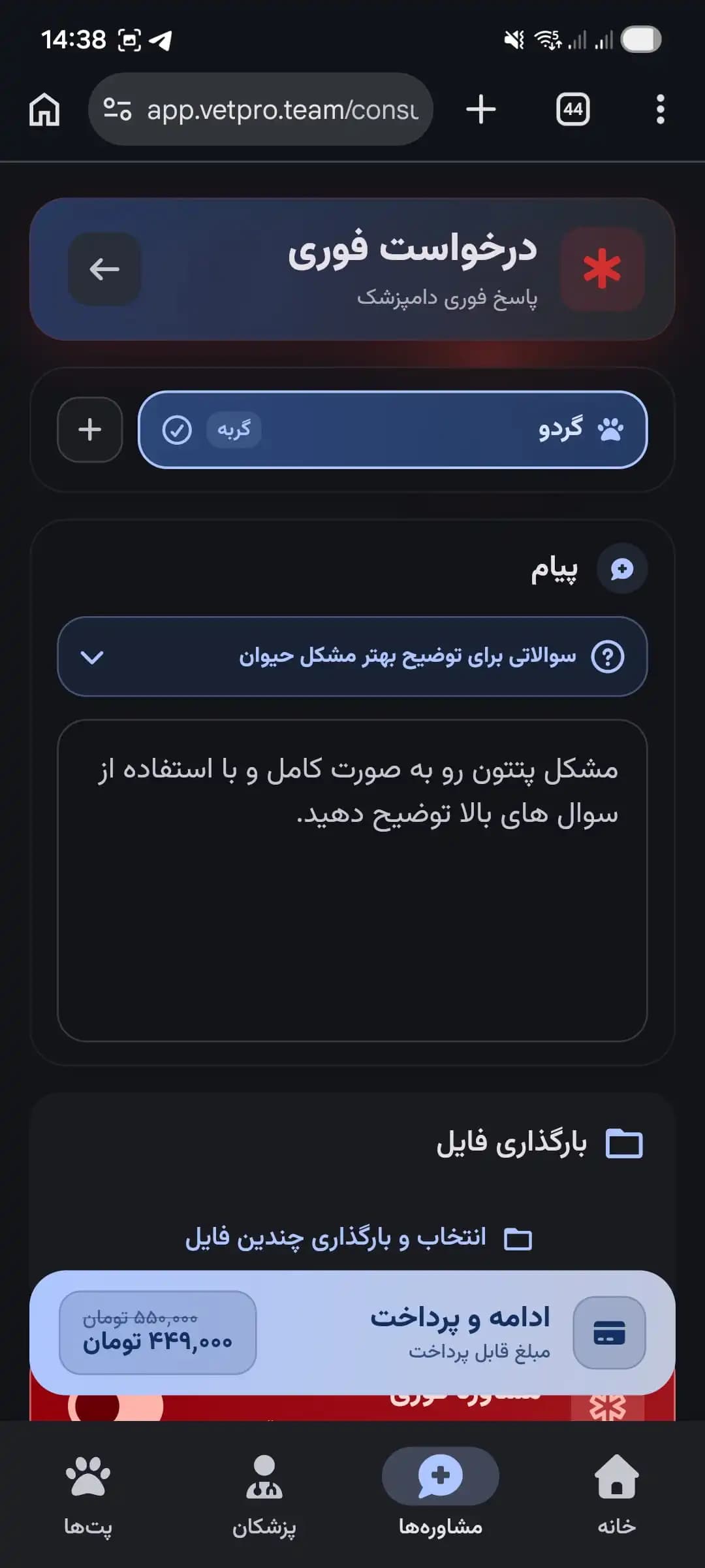 صفحه نوشتن خلاصه مشکل و ادامه پرداخت در اپ وتپرو