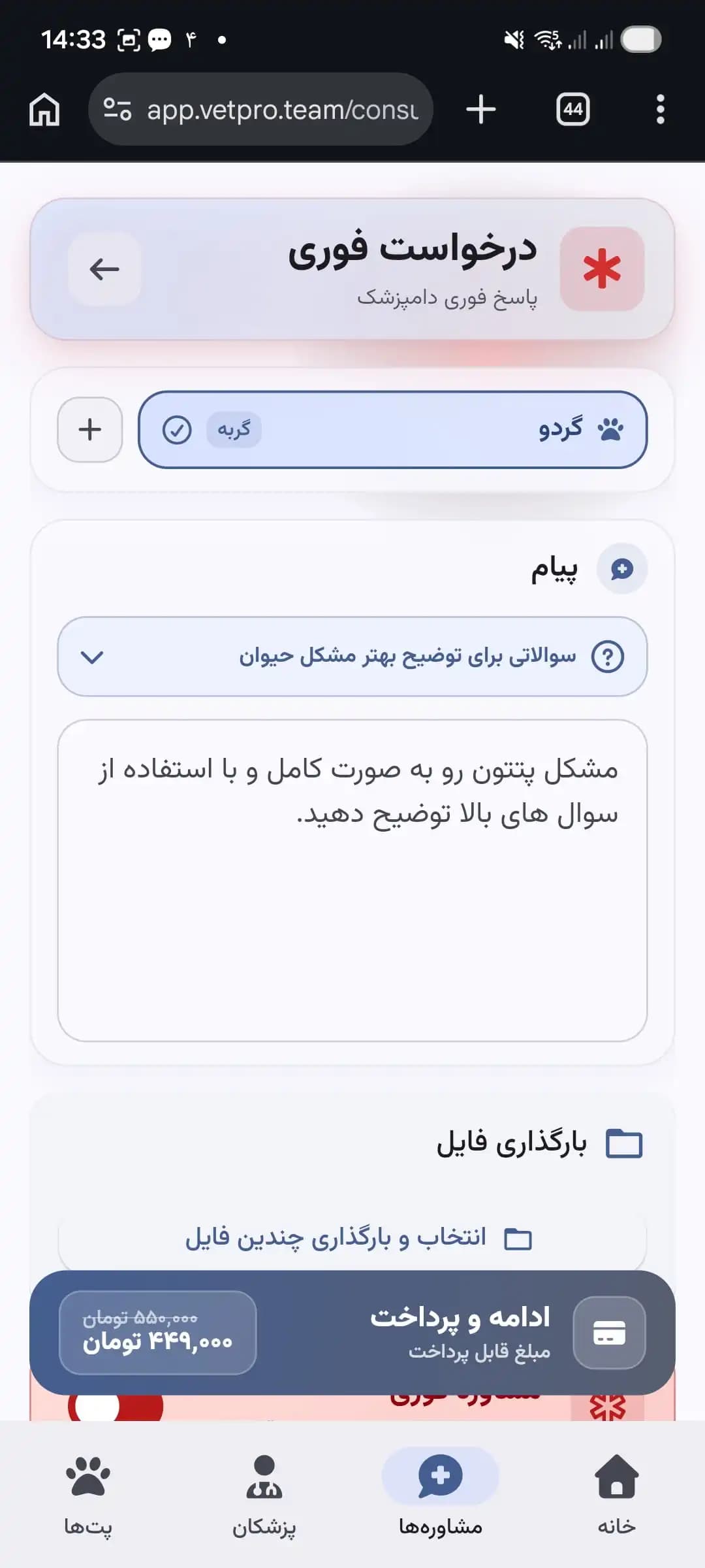 صفحه نوشتن خلاصه مشکل و ادامه پرداخت در اپ وتپرو